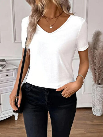 TUA MODA Kadın Kısa Kollu V Yakalı Arkası Dantelli Viskon Bluz