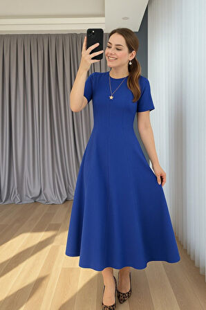 TUA MODA Kadın Kısa Kollu Bisiklet Yaka Maksi Boy Ithal Krep Elbise