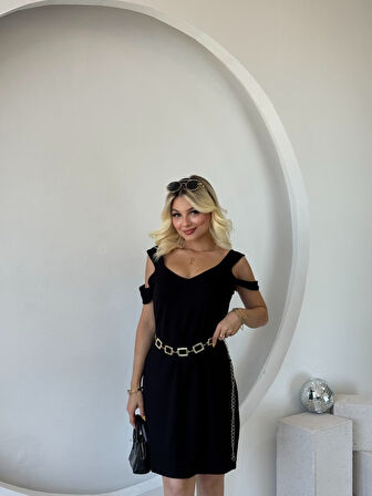 TUA MODA Kadın Askılı Soğuk Omuz Detaylı Modal Elbise