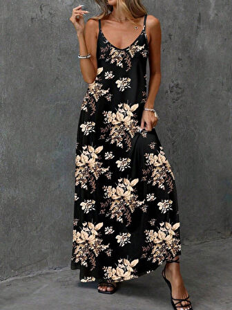 TUA MODA Kadın Ip Askılı V Yakalı çiçek Desenli Süprem Elbise