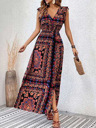 TUA MODA Kadın Kısa Kollu V Yakalı Deseni Yırtmaçlı Süprem Elbise