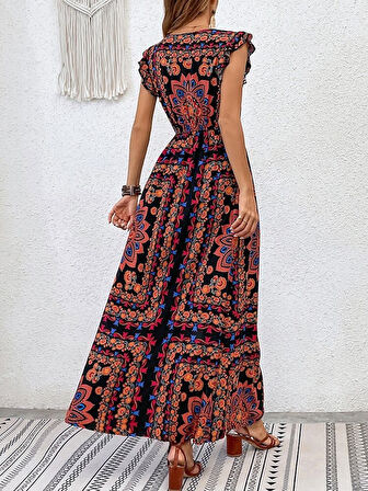 TUA MODA Kadın Kısa Kollu V Yakalı Deseni Yırtmaçlı Süprem Elbise