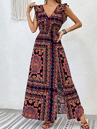 TUA MODA Kadın Kısa Kollu V Yakalı Deseni Yırtmaçlı Süprem Elbise