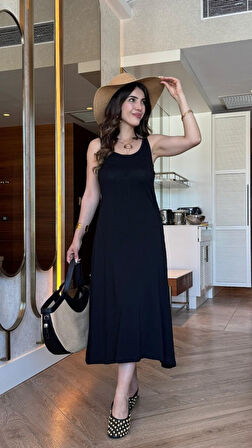 TUA MODA Kadın Askılı Yuvarlak Yakalı Viskon Elbise