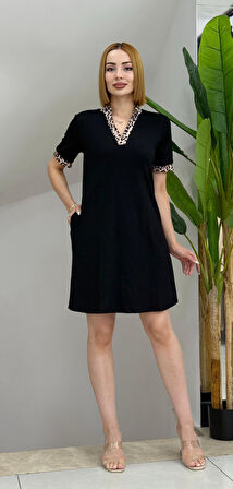 TUA MODA Kadın Kısa Kollu V Yakalı Leopar Desen Detaylı Modal Elbise