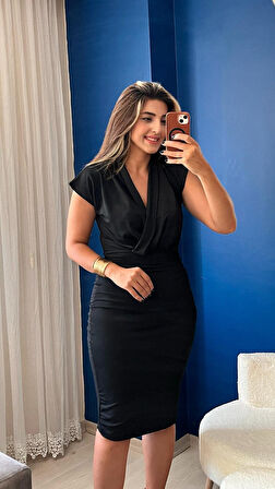 TUA MODA Kadın Kısa Kollu Kruvaze Yaka Krep Elbise (Kemersiz)