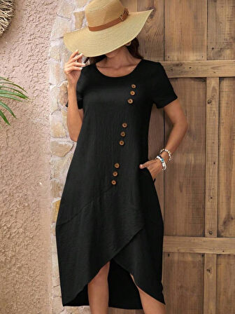 TUA MODA Kadın Kısa Kollu Bisiklet Yaka Düğme Detay Müslim Elbise