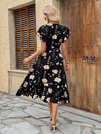 TUA MODA Kadın Kısa Kelebek Kollu Kruvaze Yakalı Belden Kuşaklı Midi Süprem Elbise