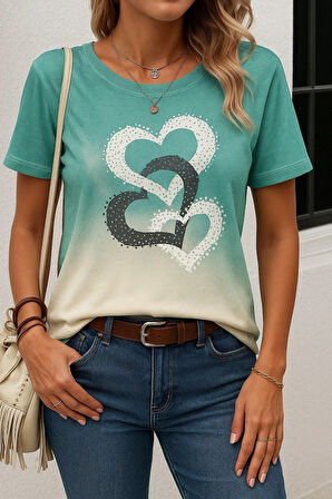 TUA MODA Kadın Kısa Kollu Bisiklet Yaka Kalp Baskılı Süprem Bluz