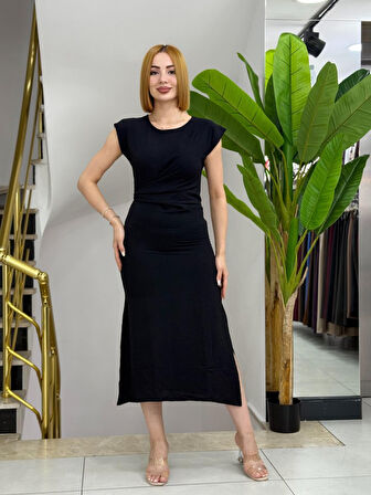 TUA MODA Kadın Kısa Kollu Yuvarlak Yaka Belden Bağcıklı önden Yırtmaçlı Aerobin Elbise