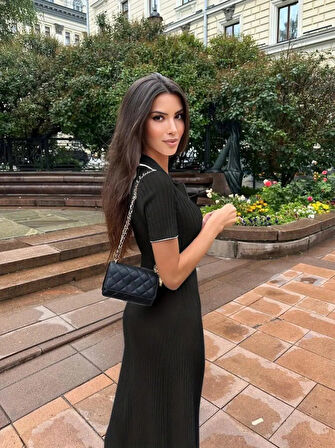 TUA MODA Kadın Kısa Kollu Yakalı önden Düğmeli Maxi Triko Elbise