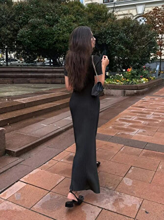 TUA MODA Kadın Kısa Kollu Yakalı önden Düğmeli Maxi Triko Elbise