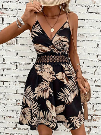 TUA MODA Kadın Ip Askılı Kruvaze Yakalı Desenli Mini Süprem Mini Elbise