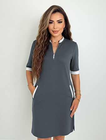 TUA MODA Kadın Kısa Kollu Yakadan Fermuarlı Cepli Yandan Yırtmaçlı Viskon Elbise