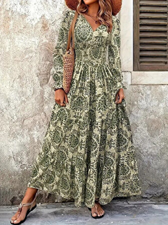 TUA MODA Kadın Uzun Kollu V Yakalı Desenli Süprem Elbise