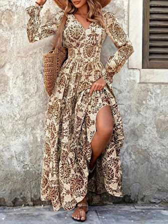 TUA MODA Kadın Uzun Kollu V Yakalı Desenli Süprem Elbise