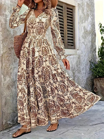 TUA MODA Kadın Uzun Kollu V Yakalı Desenli Süprem Elbise