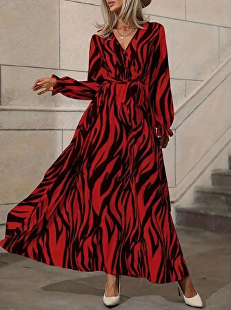 TUA MODA Kadın Uzun Kollu Kruvaze Yakalı Kuşaklı Zebra Desenli Süprem Maxi Elbise