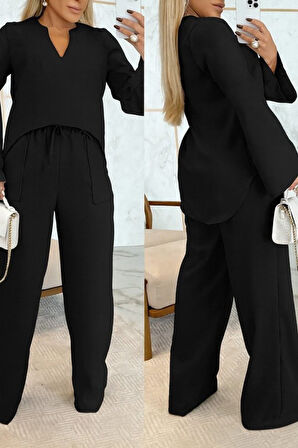 TUA MODA Kadın Uzun Kollu V Yakalı Keten Bluz Bağcıklı Pantolon Ikili Takım