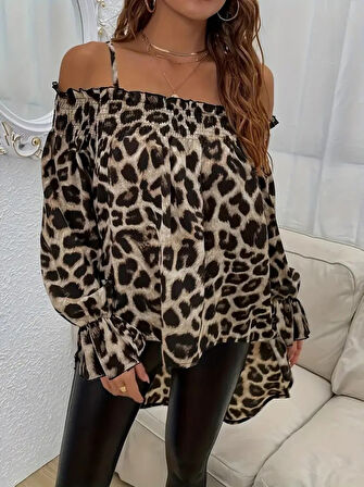 TUA MODA Kadın Ip Askılı Omuzlardan Açık Leopar Desenli Asimetrik Kesim Süprem Bluz