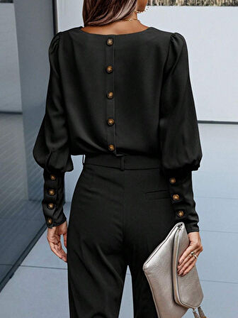 TUA MODA Kadın Uzun Kollu Yuvarlak Yakalı Düğmeli Ithal Krep Bluz