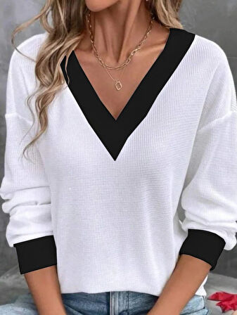 TUA MODA Kadın Uzun Kollu V Yakalı Waffle Bluz