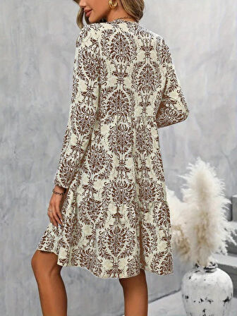 TUA MODA Kadın Uzun Kollu V Yakalı Fırfırlı Mini Süprem Elbise