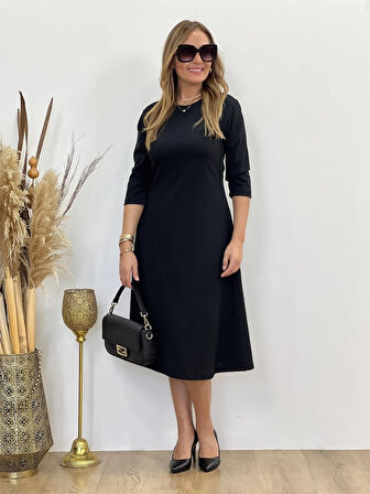 TUA MODA Kadın Uzun Truvakar Kol Bisiklet Yaka Midi Modal Elbise