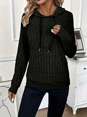 TUA MODA Kadın Uzun Kollu Kapşonlu Bağcıklı şardonlu Kaşkorse Bluz