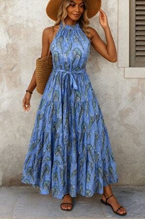 TUA MODA Kadın Omuzlardan Açık Boyundan Geçmeli Desenli Süprem Bluz