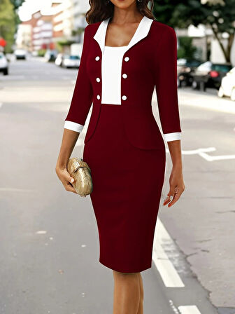 TUA MODA Kadın Truvakar Kol çift Renkli Düğmeli Kısa Ithal Krep Elbise