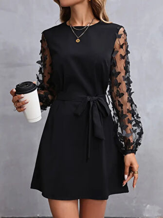 TUA MODA Kadın Uzun Kollu Bisiklet Yaka Kollar Tül Kelebek Detaylı Ithal Krep Elbise