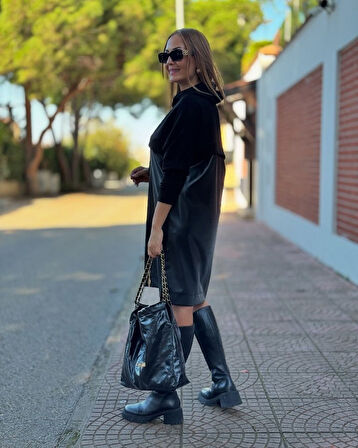 TUA MODA Kadın Uzun Kollu Kapüşon Ve Deri Detay Diz üstü Elbise