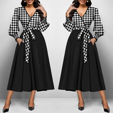 TUA MODA Kadın Uzun Kollu Kruvaze Yaka Dalgıç Krep Midi Boy Elbise