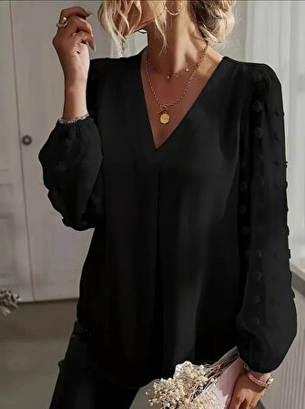 TUA MODA Kadın Uzun Kollu V Yakalı Kolları Popon Detaylı Sandy Bluz