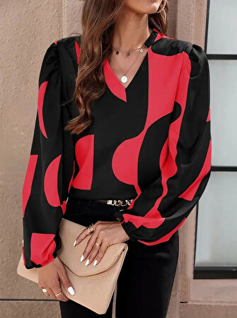 TUA MODA Kadın Uzun Kollu V Yakalı Desenli Modal Bluz