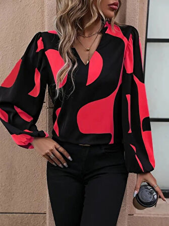TUA MODA Kadın Uzun Kollu V Yakalı Desenli Modal Bluz