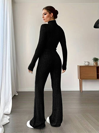 TUA MODA Kadın Uzun Kollu Balıkçı Yaka Krop Ve Pantolon şardonlu Kaşkorse Ikili Takım