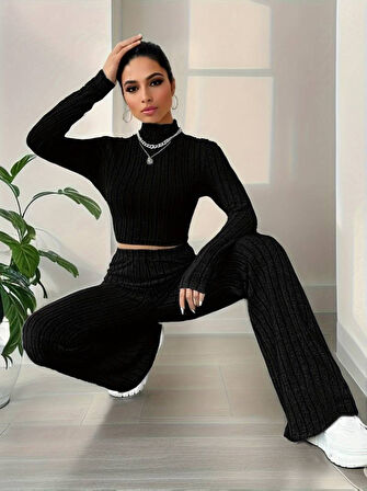 TUA MODA Kadın Uzun Kollu Balıkçı Yaka Krop Ve Pantolon şardonlu Kaşkorse Ikili Takım