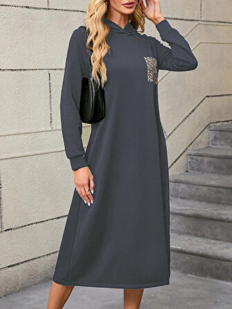 TUA MODA Kadın Uzun Kollu Kapşonlu Cep Detaylı Viskon Iki Iplik Maxi Elbise