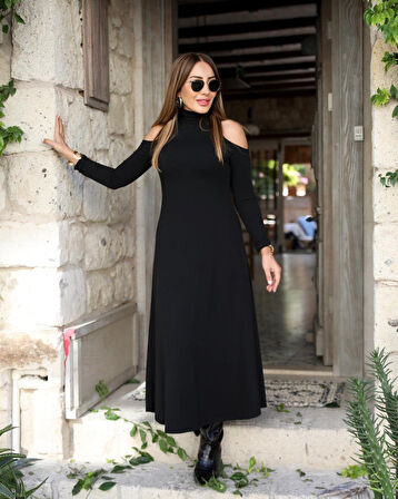 TUA MODA Kadın Balıkçı Yaka Omuzlardan Açık Uzun Kollu Janjan Krep Elbise