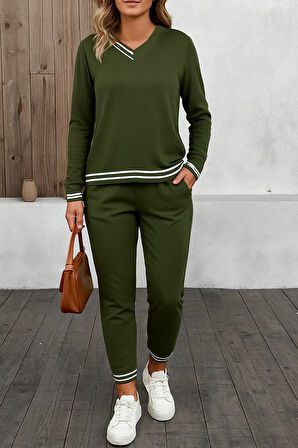 TUA MODA Kadın Uzun Kollu Ribana Detay Viskon Iki Iplik Ikili Takım