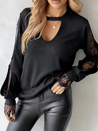 TUA MODA Kadın Uzun Kollu Damla Detaylı Viskon Iki Iplik Bluz