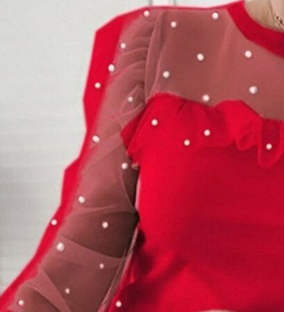 TUA MODA Kadın Uzun Kollu Inci Detaylı Tüllü Viskon Bluz