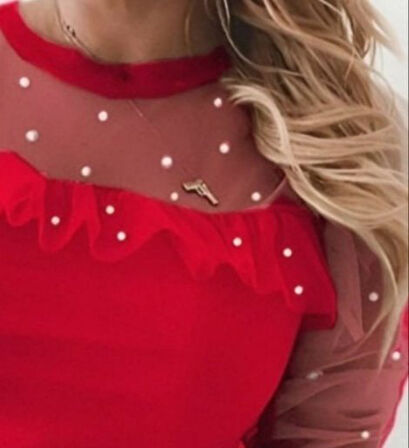 TUA MODA Kadın Uzun Kollu Inci Detaylı Tüllü Viskon Bluz