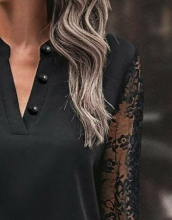 TUA MODA Kadın Uzun Kollu Yaka Düğme Detay Güpürlü Kol Krep Bluz