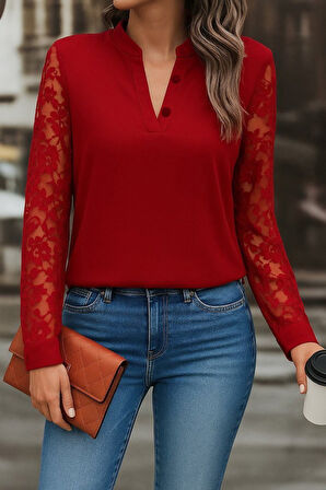 TUA MODA Kadın Uzun Kollu Yaka Düğme Detay Güpürlü Kol Krep Bluz