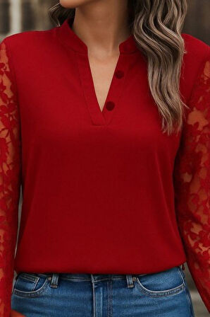 TUA MODA Kadın Uzun Kollu Yaka Düğme Detay Güpürlü Kol Krep Bluz