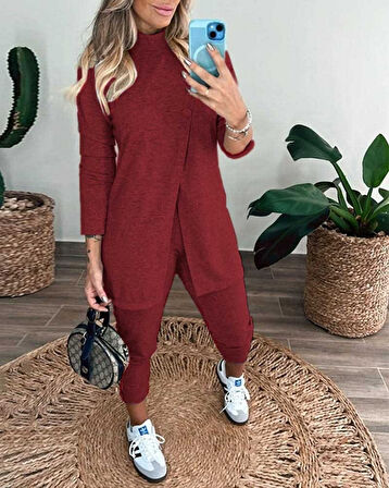 TUA MODA Kadın Uzun Kollu Balıkçı Yaka önden Düğmeli Bluz Ve Pantolon Yumoş Ikili Takım