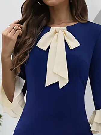 TUA MODA Kadın Truvakar Kollu Fiyonk Yakalı Midi Ithal Krep Elbise